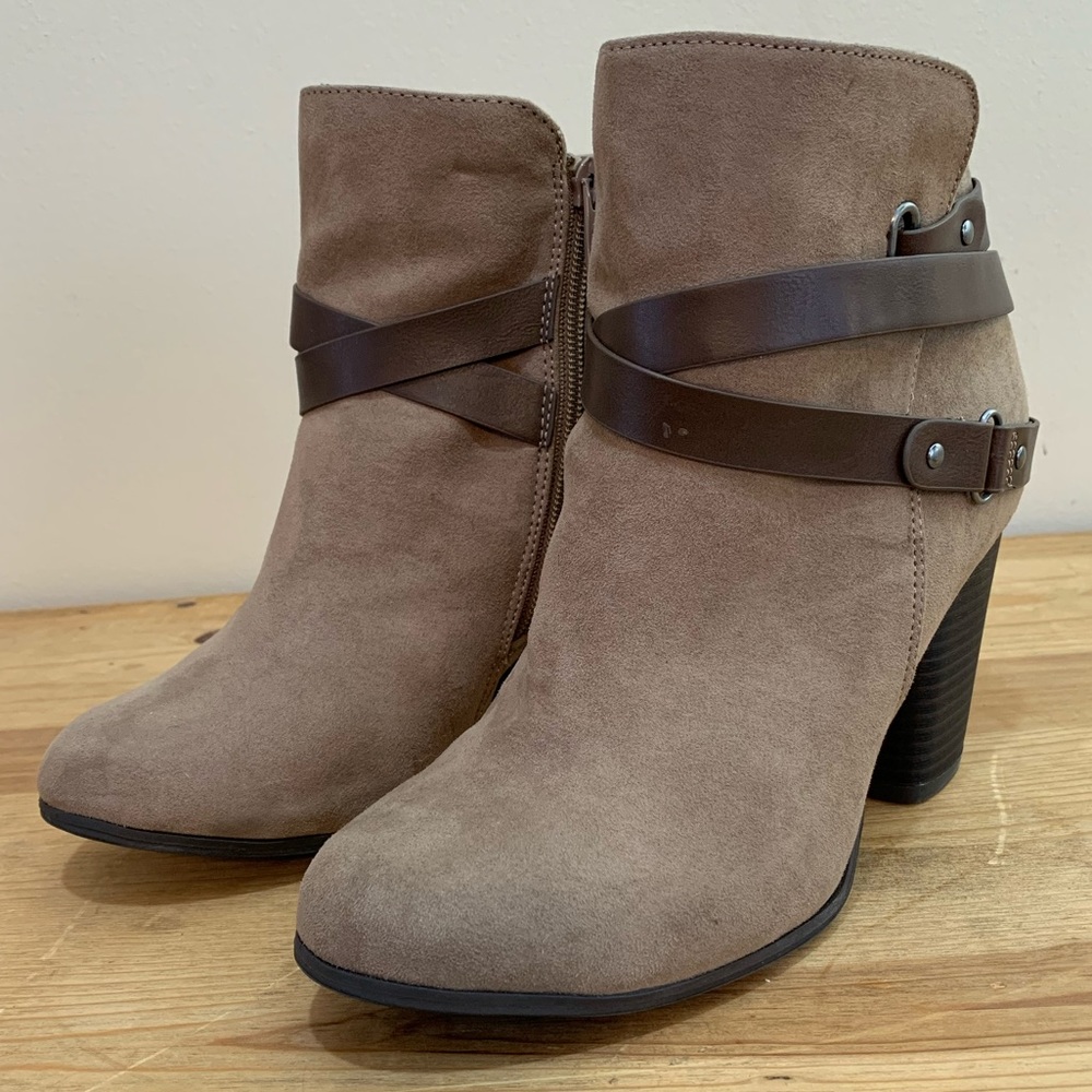 Torrid Brown Criss Cross Buckle Suede Heel Booties